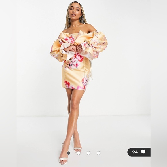 ASOS Pink and Orange Floral Puff Sleeve Off Shoulder Mini Dress size 2 XS NWT - Picture 2 of 12